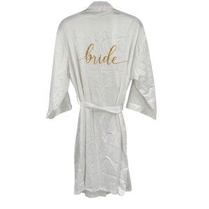 Bride White with Gold Letters Bridal Wedding Satin Robe OS